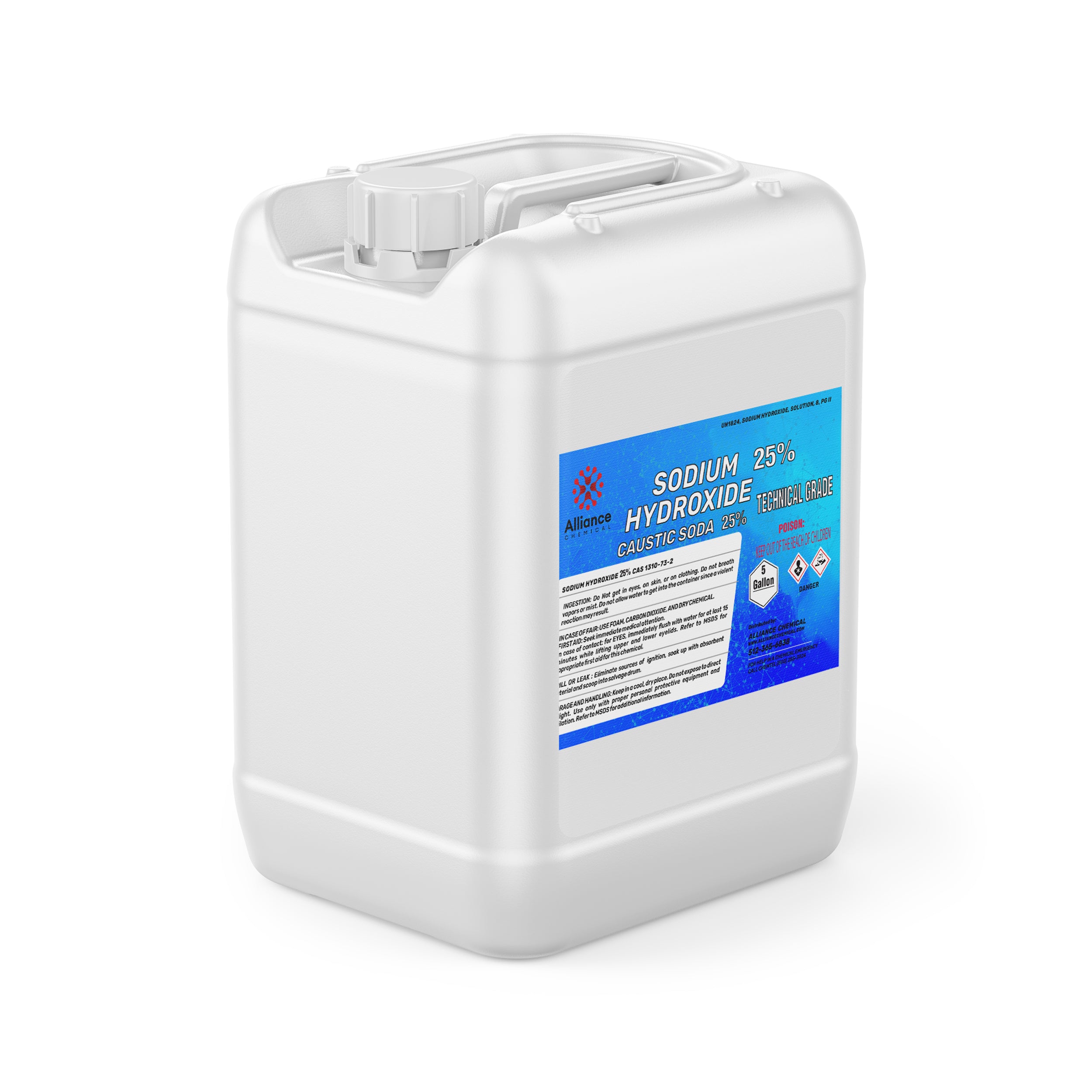 5-gallon white HDPE container of 25% Sodium Hydroxide (Caustic Soda), technical grade, with blue Alliance Chemical label and GHS hazard symbols.